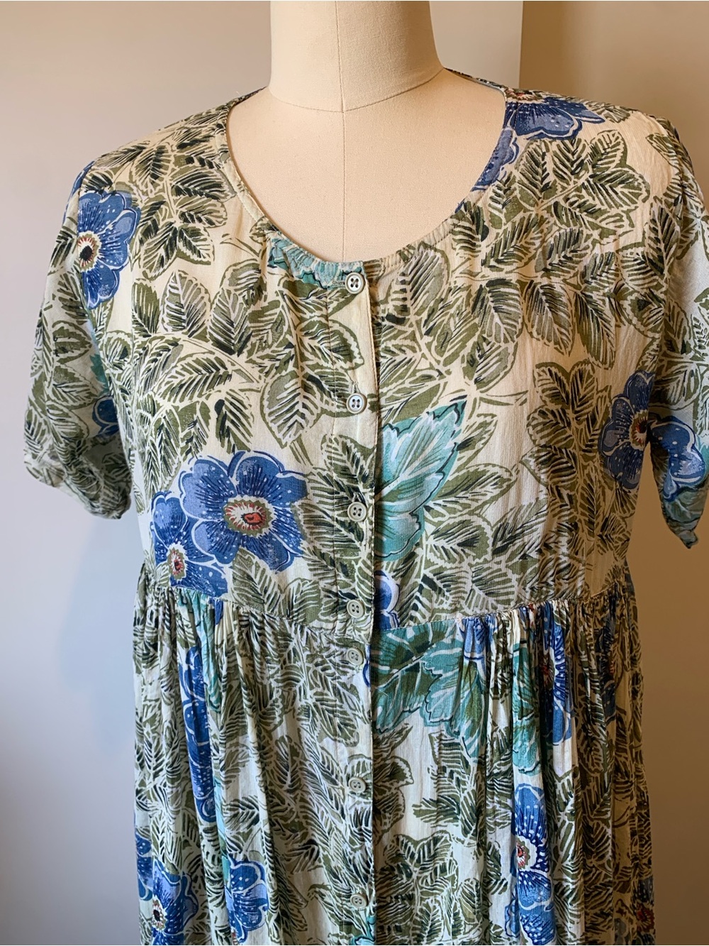 Papillon Cream Lightweight Cotton Midi Dress with Blue & Green Botanical Print